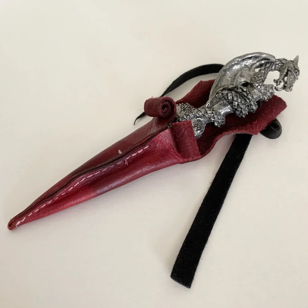 Vintage Medieval dragon letter opener in leather sheath